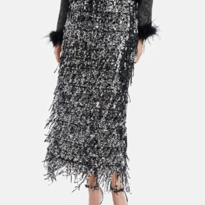 Richradiqs Women’s Glitter Sequin Tassel Midi Skirt in Black/Silver
