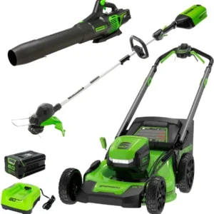 Greenworks 80V 21” Lawn Mower, 13” String Trimmer, and 730 Leaf Blowers.
