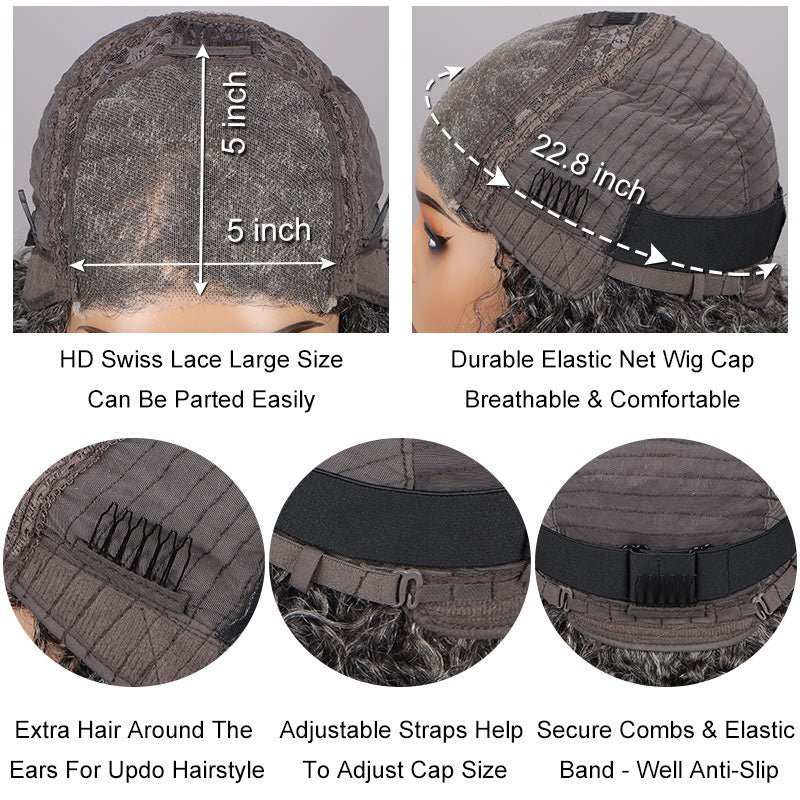 Dark Brown with Gray Water Wave Bob Human Hair Wigs Glueless 5×5 Lace Wigs