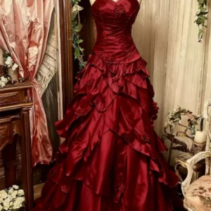 Wine Red Sweetheart Layers Taffeta Floor Length Party Dress