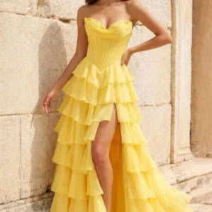 Strapless A-Line Ruffle Long Prom Dress With Split
