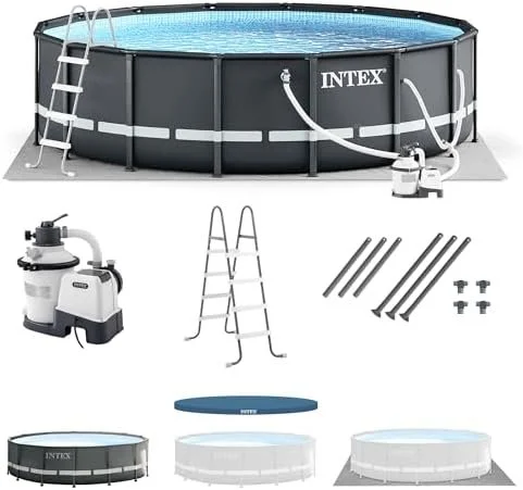 Intex Ultra XTR Frame 14′ x 42″ Round Above Ground Outdoor Swimming Pool Set with Sand Filter Pump, Ladder, Ground Cloth, and Pool Covers - Image 5